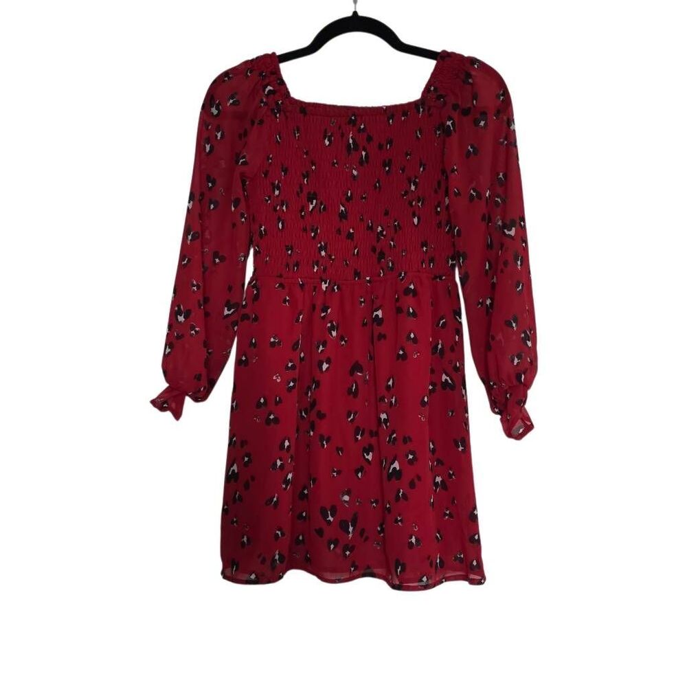 Art Class Girl's Size 10/12 Red Black White Smocked Bodice Sheer Sleeve Dress